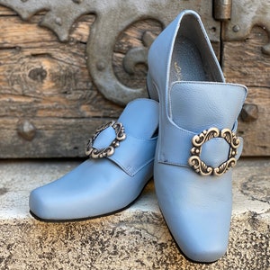 Historical Shoes from 1700, 18th century vintage shoes, light blue color.