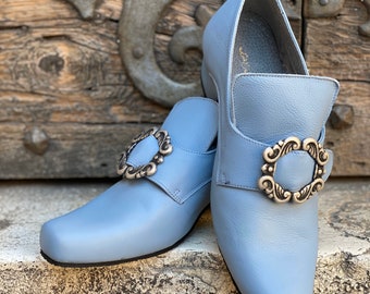 Historic shoes of 1700, vintage shoes 18th century, blue color.