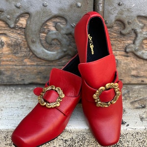 Historical shoes from the 1700s, 18th century reproduction made of leather, red color