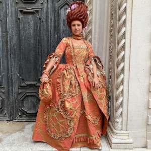 orange victorian dress Rococo Ball Gown 18th Century Orange Gold Brocade Dress Marie Antoinette Medieval Fantasy Costume Baroque Lace Ruffle Victorian Cosplay