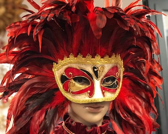 Venetian Mask, Colombina With Feathers, handmade in papier-mâché, Halloween Mask, Carnival Mask