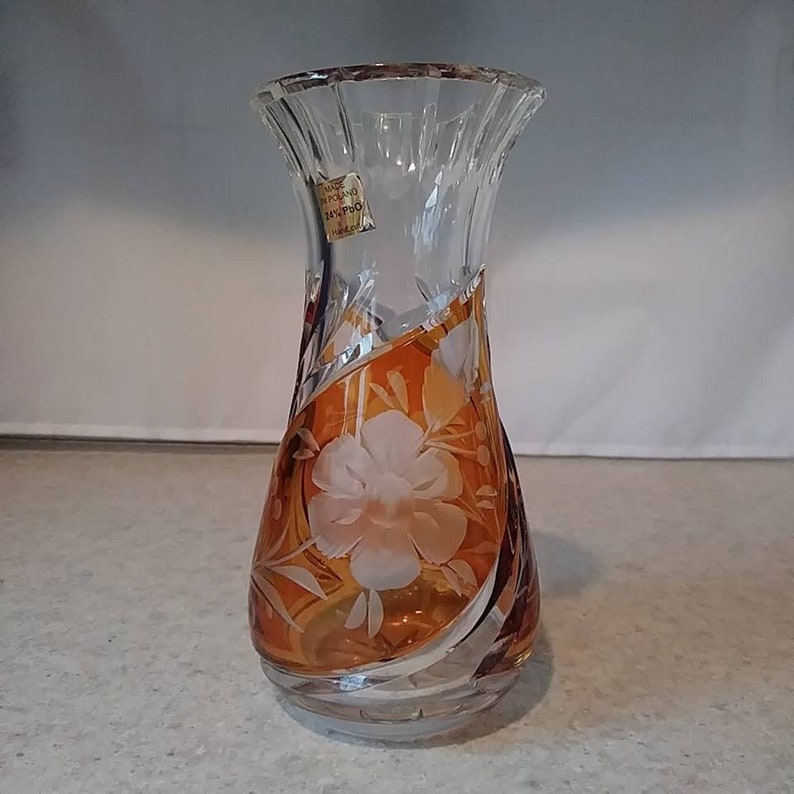 Amber Cut Glass Vase With Floral Etched Designetched Floral Etsy