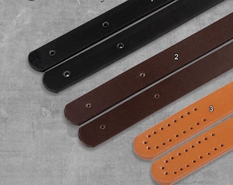 May include: Close-up of three pairs of leather bag straps in black, brown, and tan. Each strap has pre-punched holes for easy attachment. The logo "Chic & Easy" is in the upper left corner. The straps are on a gray surface.