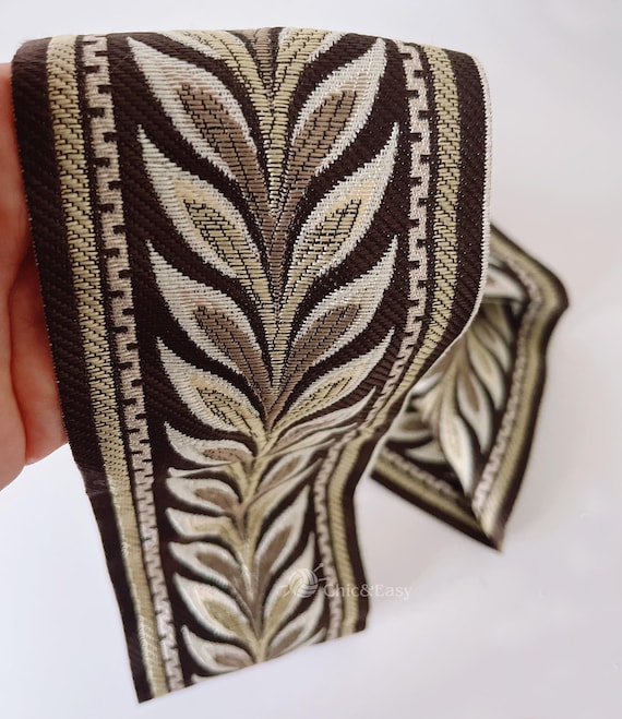 Woven Embroidered Jacquard Ribbon Trim in Beige and Brown 35 mm Brown Knot 1.37 (inch) | Jacquard Trim | Embroidered  main image 4