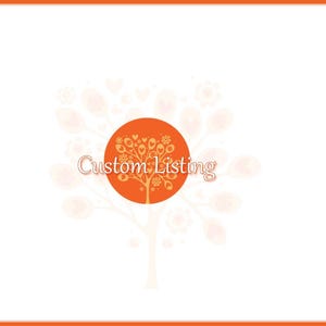 Puede incluir: Fondo blanco con borde naranja en la parte superior e inferior. En el centro, un círculo naranja con un diseño de árbol y las palabras "Custom Listing" en escritura naranja claro.