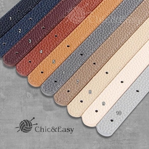 May include: Ten leather straps in a range of colours, from navy to beige. Each strap has evenly spaced holes. The logo "Chic & Easy" is visible in the lower left corner.