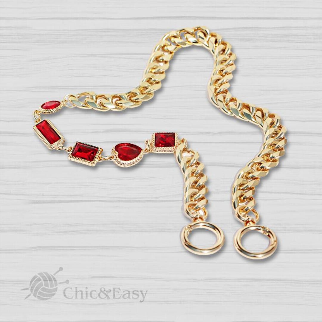Metal Purse Chain Strap: Gold Decor, Red Charms (15mm Width) CAE-N120 ...
