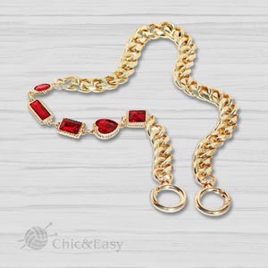 Metal Purse Chain Strap: Gold Decor, Red Charms (15mm Width)