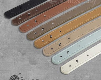 May include: Eight thin, flat straps arranged diagonally, numbered one through eight. The colors range from black, dark brown, medium brown, tan, beige, light taupe, pale blue, to white. Each strap features visible stitching and metal eyelets.