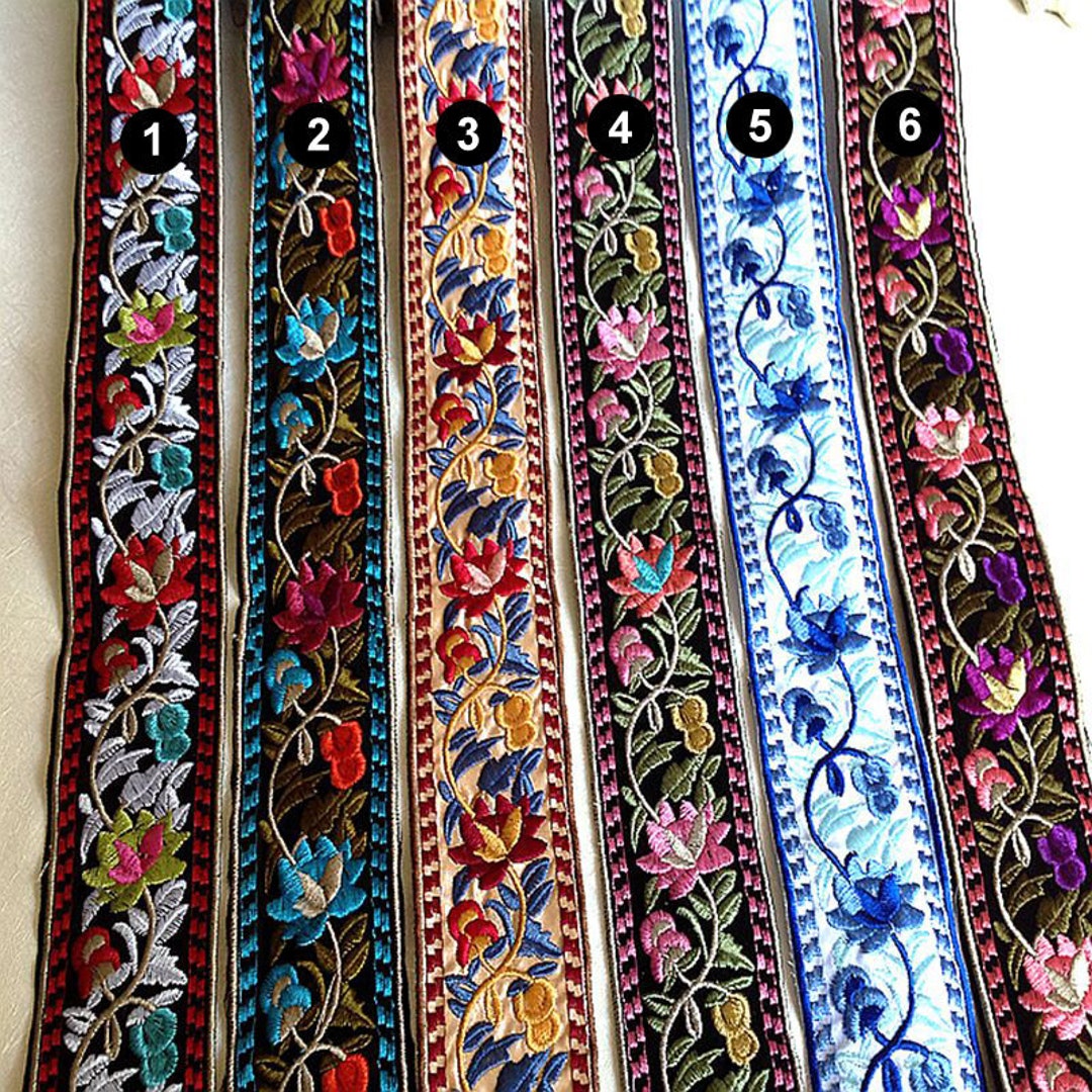 Floral Folk Art Ribbon, Red Blue Thick Embroidered Ribbon, Jacquard Trim,  Costume Trim, 50mm Wide, Choose Between 1 Meter to 10 Meters 