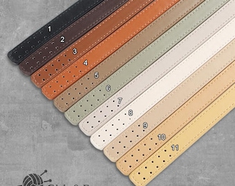 May include: Eleven different colors of leather straps with holes, numbered 1 through 11. The straps are arranged in a row from top to bottom, with the darkest color at the top and the lightest color at the bottom. The straps are all the same width and have a smooth, leather texture. Chic&Easy is printed at the bottom of the image.