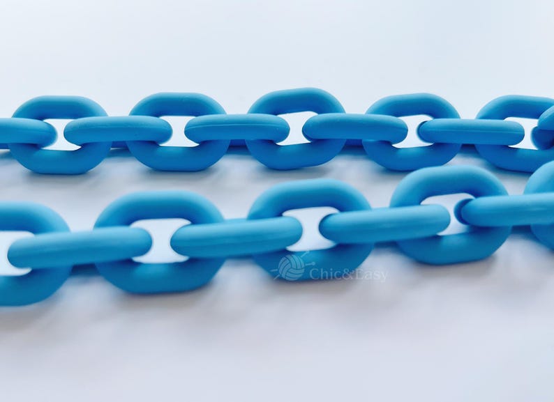 May include: Close-up of two rows of blue chain links with white inner links. The links are a solid, matte blue color. The image is set against a white background.