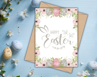 Happy Easter / Happy Easter Printable Card / Instant Download PDF / Easter Card / Easter Eggs and Flowers Card / Easter Egg / 5x7 Card