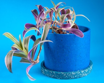 Medium Sized Blue Plant Pot with Saucer - 10.1 x 9.5 cm, House Plant Pot, planter with tray, more colours