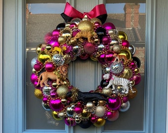 Large luxury black, pink and gold bauble Christmas bauble wreath - 'Disco Leopards - The Pink Panther' (3)