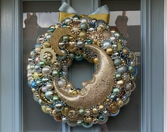 Large blue and gold Moon themed Christmas wreath - 'Blue Moon'
