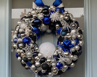 Large blue and silver Space themed Christmas bauble wreath - 'Spacemen came travelling'