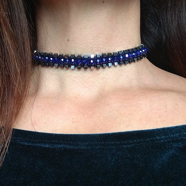 Wide beaded choker necklace, Blue & silver statement necklace, Sparkly crystal choker collar, Unique gift for her