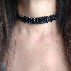 Black crystal choker neklace for woman, Sparkly black choker, Wide beaded choker, Black statement necklace, Formal black lace choker
