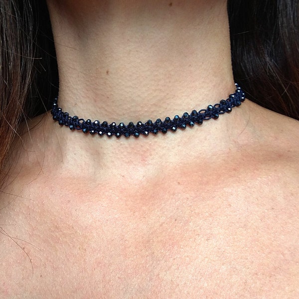 Navy blue choker necklace for women, Crystal beaded choker, Dainty choker, Lace choker collar, Delicate beaded necklace, Gift for her