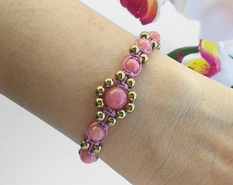 Jade bracelet for woman, Pink & gold beaded bracelet, Daisy macrame bracelet, Knotted cord bracelet, Bead woven bracelet, Daughter gift