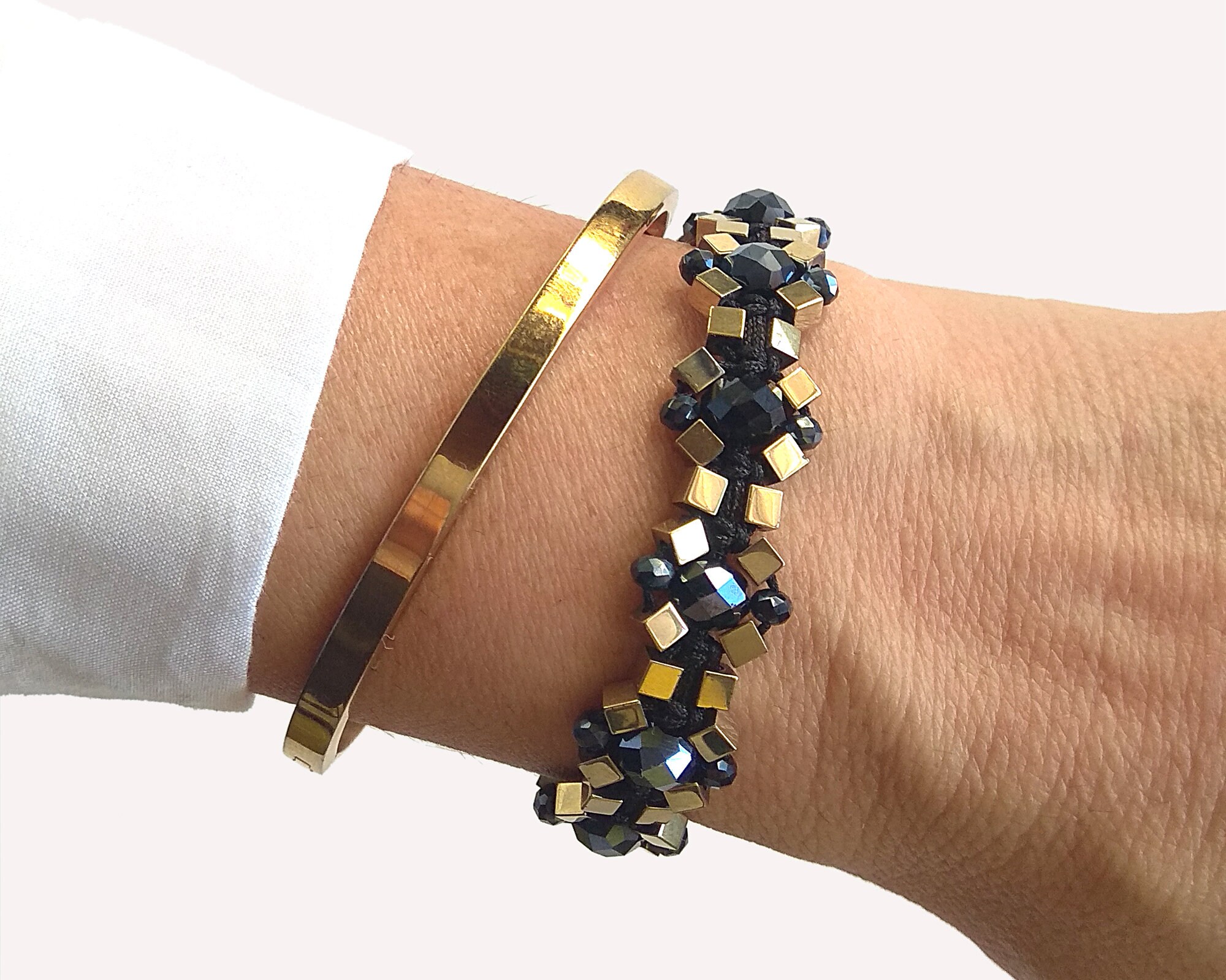 ブレスレット bracciale elegante oro e nero con cristalli e perla Bracciale nero e oro, Bracciale con cristalli scintillanti