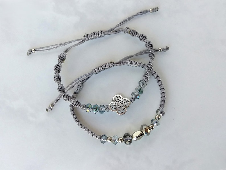 Silver charm and crystal cord bracelets Grey and silver everyday woven bracelet stack Layered bead friendship bracelet set for woman