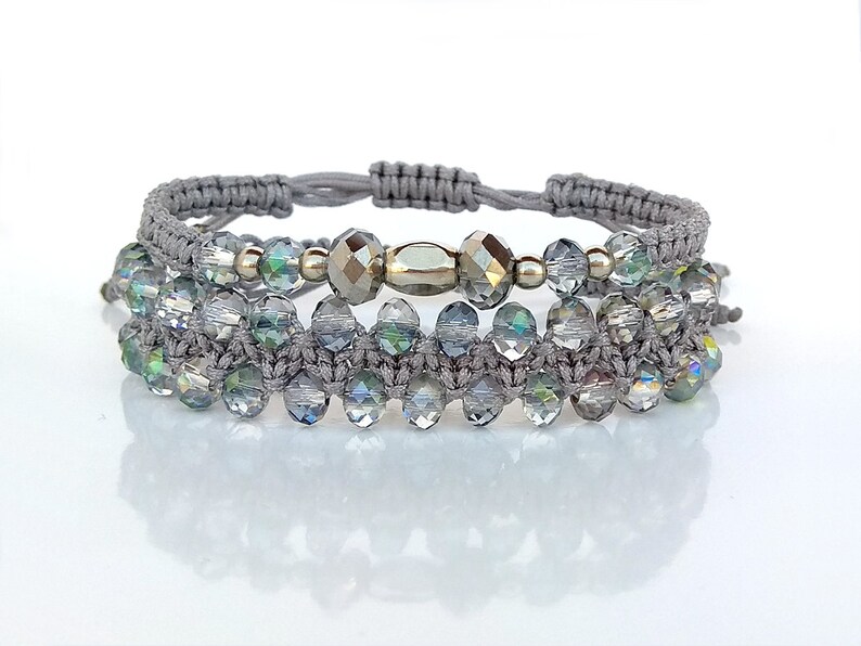 Silver charm and crystal cord bracelets Grey and silver everyday woven bracelet stack Layered bead friendship bracelet set for woman