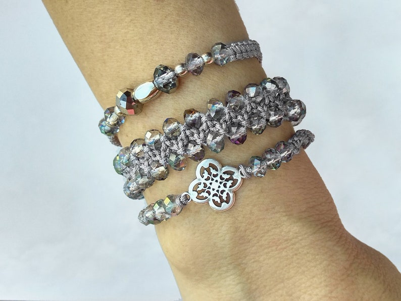 Silver charm and crystal cord bracelets Grey and silver everyday woven bracelet stack Layered bead friendship bracelet set for woman