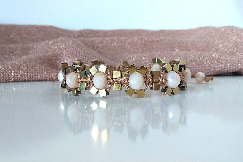 Girlfriend jewelry gift for her Sparkle crystal bracelet Champagne /& gold beaded bracelet for woman Gold cuff bracelet Opal bracelet