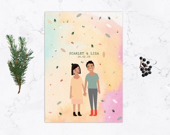 Pastel Dreams Watercolour Wedding Invitation Illustrated Couple Pink Yellow