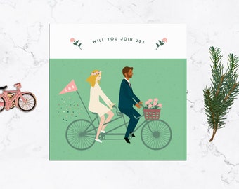 A Bicycle Made For Two Wedding Invitation Package Green Tandem Custom Couple Portrait