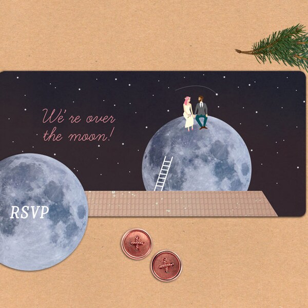 Over The Moon Wedding Invitation Custom Couple Illustrated Rooftop Stars Navy Blue