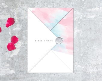 Cloudy Water Colour Folded Wedding Invitation Simple Colourful Wedding Map RSVP
