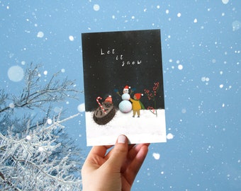 Elves & Hedgehog Christmas Card Pack 4 Winter Illustrated Winter Greeting Card