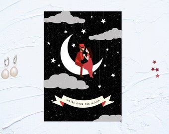 Swinging On The Moon Cabaret Paris Burlesque Wedding Invitation Stationery Red Black White Couple Illustration