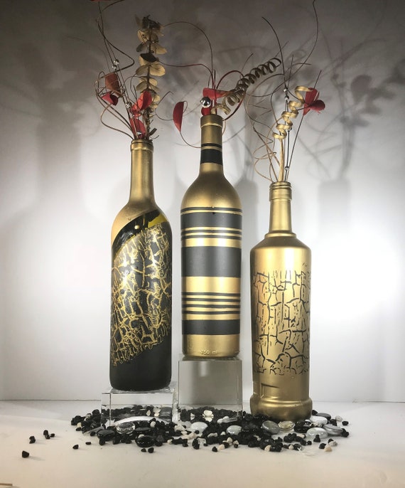 Hand Painted Gold and Black Wine Bottle: Recycled Glass Vase. 75.00 for 3  bottles. 25.00 for oneE