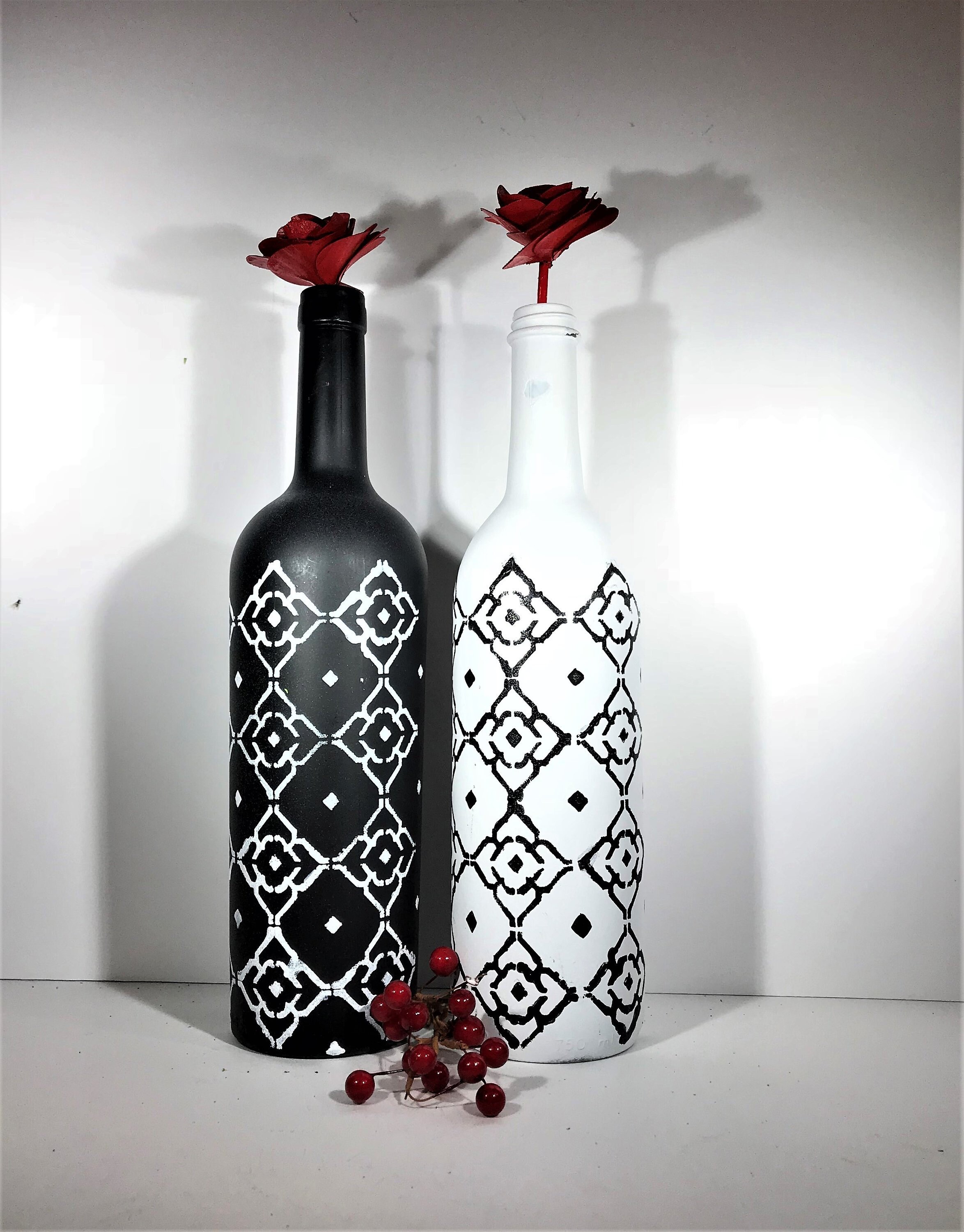 Black and White hand painted wine bottles will add a touch of Etsy