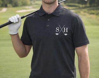 Personalised Golf Polo Shirt with Embroidered Initials  - Polo Shirt Golf Cross Clubs Personalised Golfwear - Gift for golfer