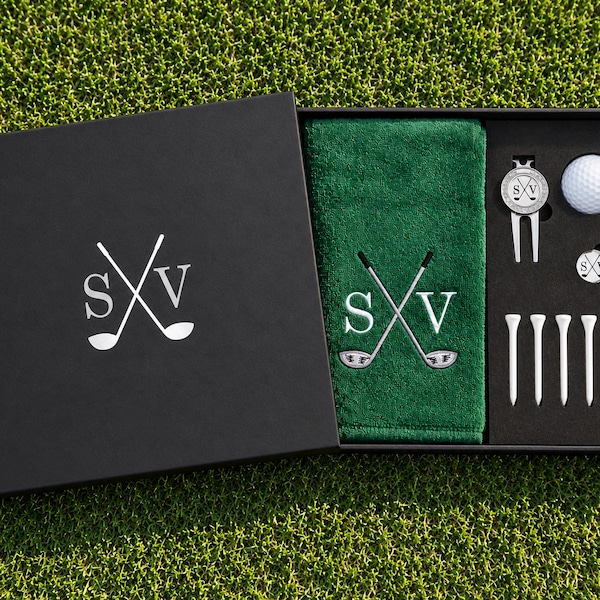 Personalised Golf Gift Box Set – Embroidered Golf Towel, Golf Repair Tool, Golf Ball Marker, Golf Tees and Golf Ball - Gift for Golfer