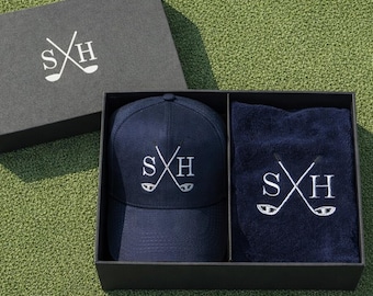 Set de regalo personalizado de gorra y toalla de golf: caja de regalo con gorra y toalla de golf bordadas.