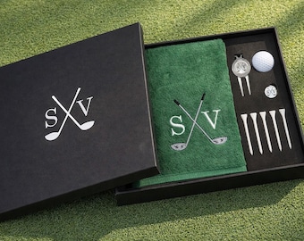 Personalised Golf Gift Box Set – Embroidered Golf Towel, Golf Repair Tool, Golf Ball Marker, Golf Tees and Golf Ball - Gift for Golfer