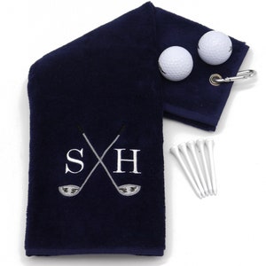 Personalised Golf Towel - Embroidered Crossed Golf Club Design  - Personalised Golf Towel Gift