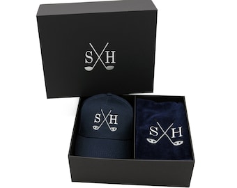 Personalised Golf Cap and Towel Gift Set - Gift box with embroidered golf cap and golf towel