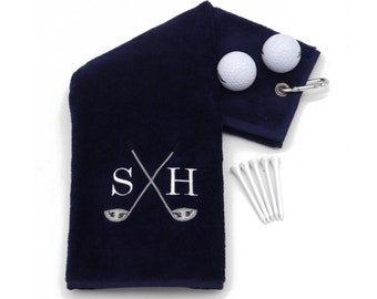 Personalised Golf Towel - Embroidered Crossed Golf Club Design  - Personalised Golf Towel Gift