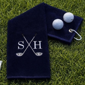 Personalised Golf Towel - Embroidered Crossed Golf Club Design  - Luxury Personalised Golf Towel