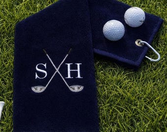 Personalised Golf Towel - Embroidered Crossed Golf Club Design  - Luxury Personalised Golf Towel