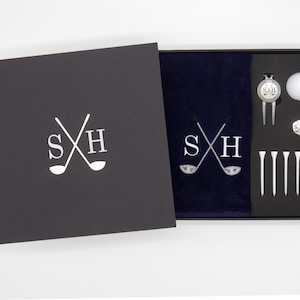 Personalised Golf Gift Box Set – Embroidered Golf Towel, Golf Repair Tool, Golf Ball Marker, Golf Tees and Golf Ball - Gift for Golfer