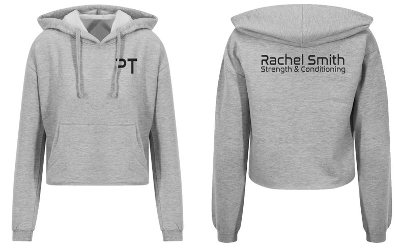 May include: Gray cropped hoodie with a black "PT" logo on the front and "Rachel Smith Strength & Conditioning" text on the back.