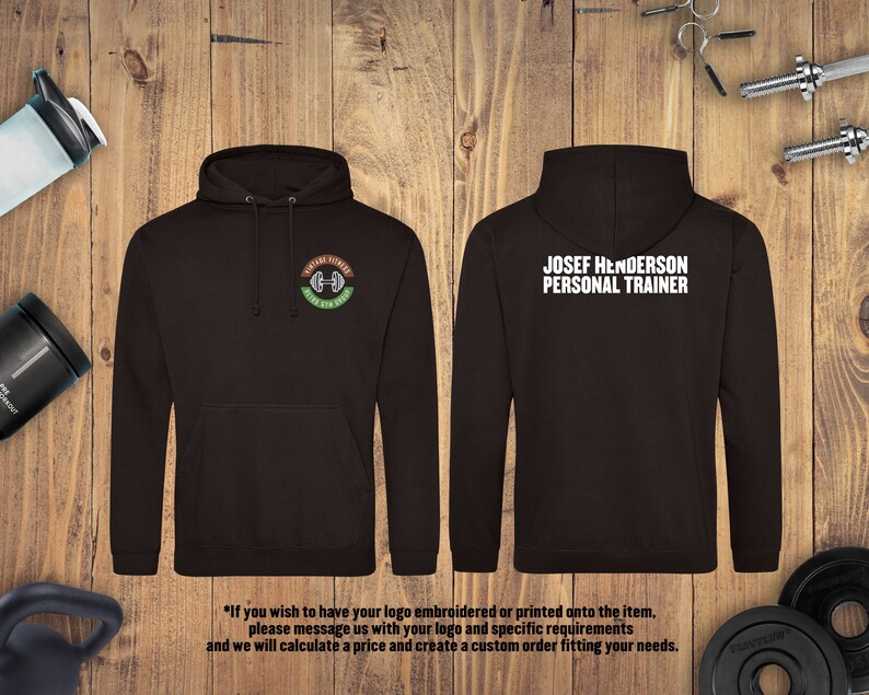 May include: Black hooded sweatshirt with a white logo that says "JOSEF HENDERSON PERSONAL TRAINER" on the back and a green and brown logo that says "FUTURE FITNESS TRAIN FIT NOW" on the front.